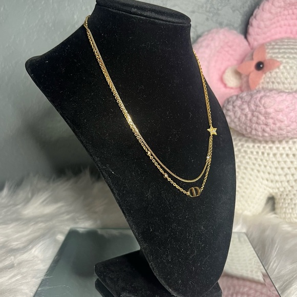 Christian Dior Petit CD Double Necklace Gold Metal Finish and Crystals - Picture 2 of 15